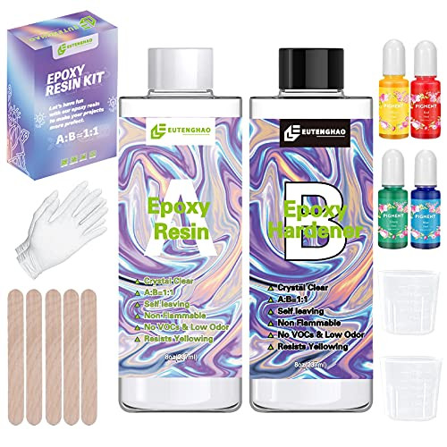 EuTengHao Epoxy Resin Kit for Jewelry, Art, Craft | 16oz Casting Crystal Clear Resin Kit 8oz Resin and 8oz Hardener with 4 Colors Pigment, 2pcs Graduated Cups, 5pcs Sticks, 1 Rubber Gloves