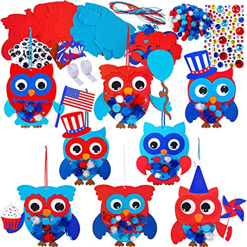 24 Sets 4th of July Patriotic Owl Ornaments Decoration DIY Owl Ornaments Craft Kit Assorted Owl Foam Cutouts with Red White Blue USA Flag Pinwheel Pom-poms Googly Eyes for Classroom Activities
