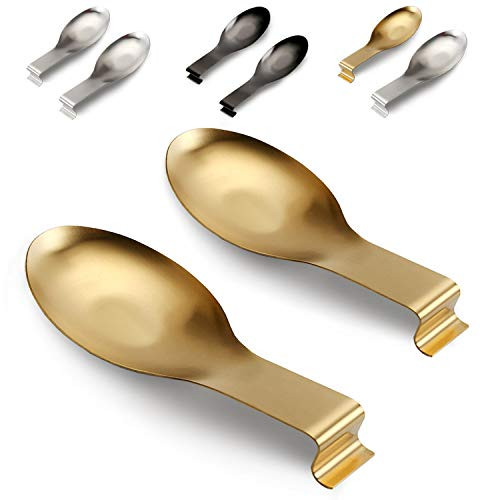 HnJOY 2PC Set Stainless Steel Spoon Rest - Gold Kitchen Accessories - Spatula Ladle Utensil Holder - Dishwasher Safe - Kitchen Counter Cooking Tool for Stove Top -GOLD-