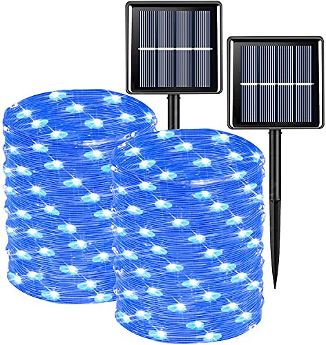 2 Pack Each 33ft 100 LED Solar Fairy Lights Outdoor Waterproof, Blue Solar String Lights, 8 Modes Clear PVC Wire Solar Twinkle Firefly Lights