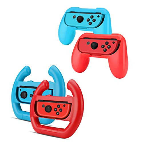 TNP Joy-Con Controller Grip and Wheel for Nintendo Switch -Set of 2- Racing Steering Wheel Controller Comfortable Wear Resistant Grip Handle Kit Attachment -Red and Blue- - Nintendo Switch