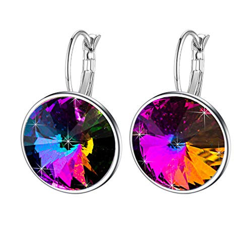 Swarovski Crystals Round Drop Leverback Earrings for Women 14K Gold Plated Hypoallergenic Hoop Earrings -iridescent-