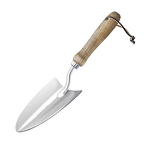 YOEZA Stainless Steel Garden Loose Soil Scoop, Tsubaki Wood Handle Multi Function Gardening Trowel Spoons, Hand Shovel for Weeding Digging, Transplanting, Planting, Cultivation