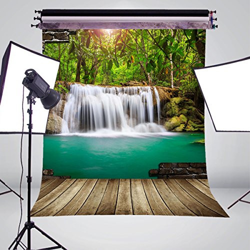 FUERMOR 5x7FT Forest Waterfall Background Wood Floor Photography Backdrop Photo Studio Props G133