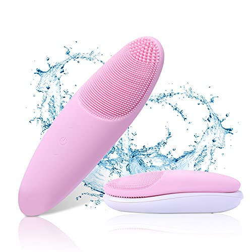 Newest Heating Facial Cleansing Brush, Sonic Vibration Facial Massager IPX7 Waterproof Silicone Face Scrubber for Deep Cleanning, Exfoliating, Blackhead Removing -Pink-