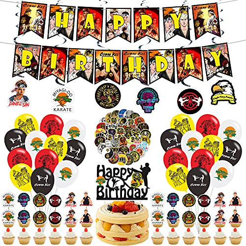 94 Pcs Cobra Kai Party Decorations, TV Show Cobra Kai Party Favor Supplies Includes Happy Birthday Banner, Balloons, Cake Topper, Cupcake Topper, Stickers for Boys Kids Teens Theme Birthday Parties