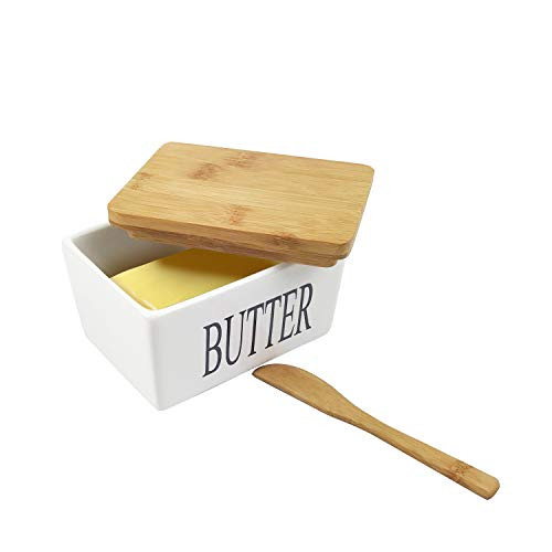 MAYMII·HOME Butter Dish - Airtight Butter Keeper Storage Holds Up to butter - Porcelain Dish Container with Beech Wooden Lid (650ml)