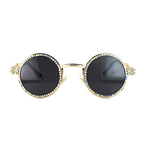 Round Polarized Sunglasses Steampunk Retro For Women Men Driving Rhinestone Glasses