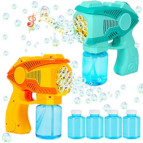 2 Bubble Guns Bubble Machine Blaster with Music, 2 Mode Outdoor Toys Bubble Machine Blower Maker with 4 Refill Solution, Kids Toddler Summer Toys Outside Activity Party Favor Birthday Gifts Boy Girl