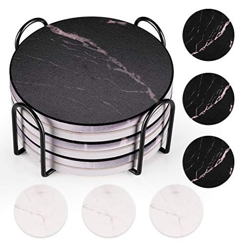 Coasters for Drinks Absorbent with Holder, Coaster with Cork Backing for Tabletop Protection - Great Gift for Birthday, Housewarming, Room Decor, Bar, Holiday Party -Black  and  White-