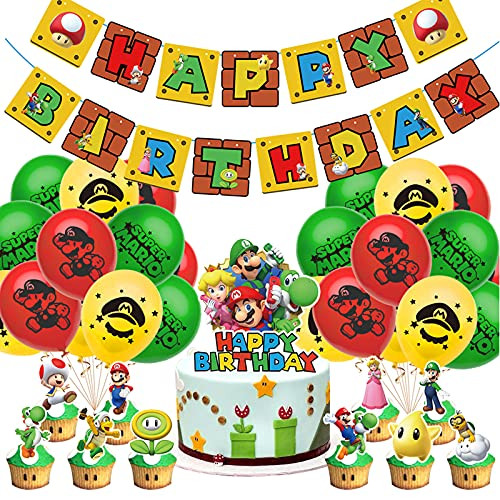 Super Mario Birthday Party Supplies Mario Bros Party Decorations Set With Mario Happy Birthday Banner Balloons Cake Cupcake Toppers for Kids Adults