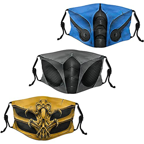 Mortal Kombat Mask Men Women's Scorpion Face Mask Smoke Mask Sub Zero Mask Reusable 3PCS Balaclavas with 6 Filters 3