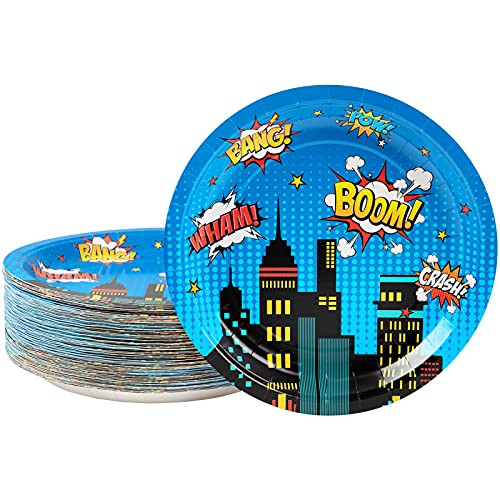 Decorlife 80 Count Superhero Plates, 9 inch Comic Paper Plate for Superhero Party Supplies