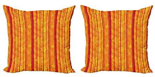 Ambesonne Orange Decorative Throw Pillow Case Pack of 2, Vertically Stripes Pattern with Flowers Swirled Leaves and Dots Design, Couch Bedroom Living Room Cushion Cover, 20", Orange Yellow