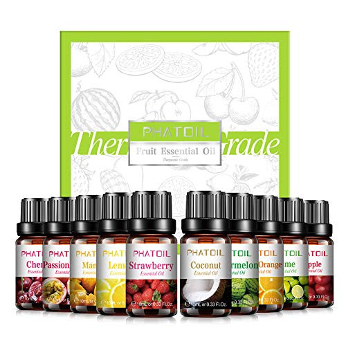 PHATOIL 10x10ml Fruity Essential Oils Gift Set for Diffusers Humidifiers - Mango, Coconut, Cherry, Lemon, Apple, Passion Fruit, Sweet Orange, Lime, Strawberry, Watermelon Essential Oil