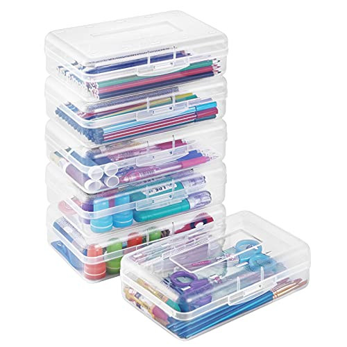 Sooez Plastic Pencil Box, 6 Pack Large Capacity Pencil Boxes Plastic Boxes with Snap-tight Lid, Office Supplies Storage Organizer Box, Stackable Design and Stylish, Clear