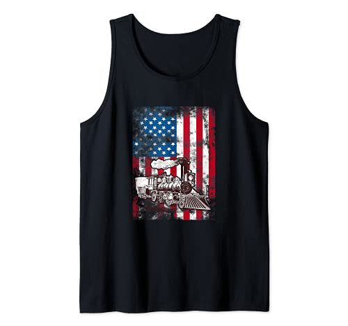 Locomotive Train Engine USA American Flag 4th of July Tank Top