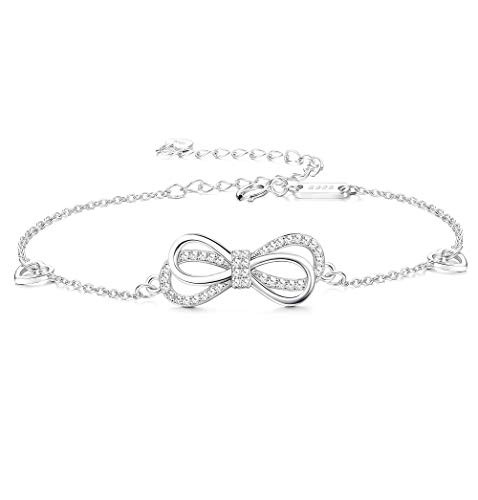 Sllaiss 925 Sterling Silver Infinity Bracelet Austria Crystal Bracelet for Womens S925 Heart Bow Bracelet Endless Love Symbol Charm for Girfriend