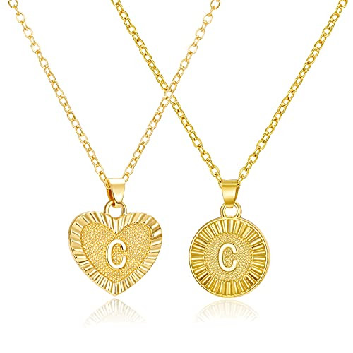 Heart and Round Initial Necklaces 14K 