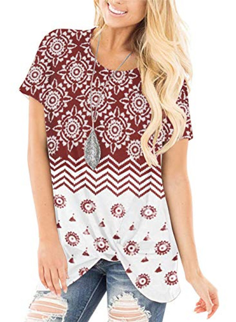 onlypuff Floral Printed Side Knot Shirts for Women Maroon Short Sleeve Tunics Casual Loose Fit XXL onlypuff Floral Printed Side Knot Shirts for Women Maroon Short Sleeve Tunics Casual Loose Fit XXL