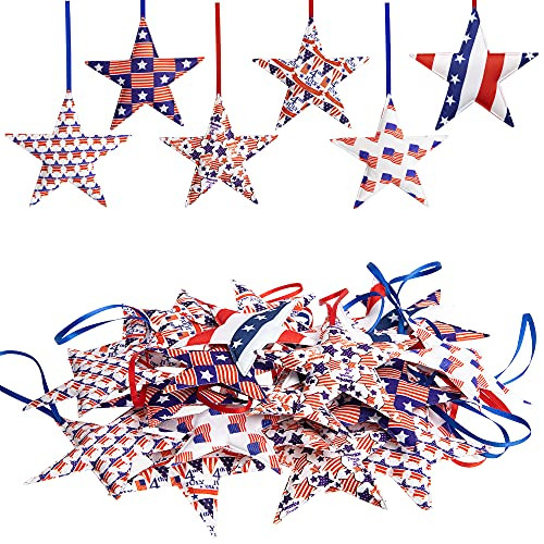 EBaokuup 30PCS Independence Day Star Hanging Ornaments, 3.54 Inch 4th of July Patriotic Fabric Wrapped Hanging Star Ornament for Patriotic Memorial Day Party Festival Decorations -Large-