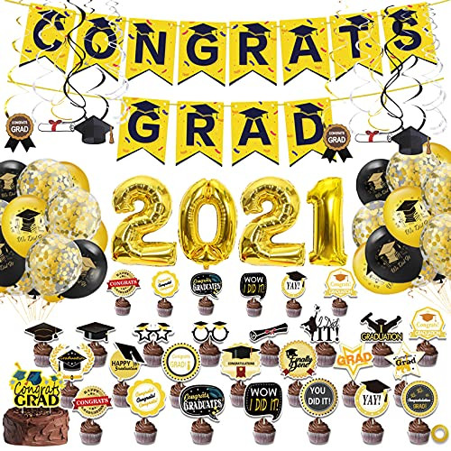 Graduation Party Supplies 2021, 77PCS Gold 2021 Foil Balloon, Congrats Grad Banner, Black Gold Confetti Balloons, Cupcake Topper, Hanging Swirls for Class of 2021 Graduation Decoration Decor Accessories - Gold - Graduation Party Supplies 2021, 77PCS Gold 2021 Foil Balloon, Congrats Grad Banner, Black Gold Confetti Balloons, Cupcake Topper, Hanging Swirls for Class of 2021 Graduation Decoration Decor Accessories - Gold -