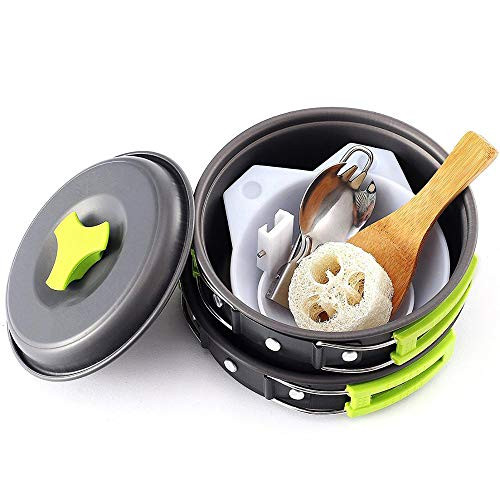 Camping Cookware Mess Kit, Lightweight, Compact and Folding Backpacking Cooking Set for Hiking, Picnic and Camping, Non-Stick Aluminum Camping Pots and Pans Set