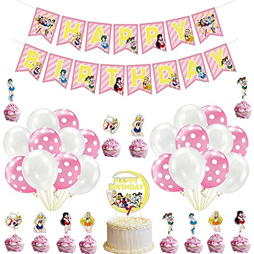 34Pieces Sailor Moon Birthday Party Supplies,Including Birthday Party Banner Latex balloons Sailor Moon Cake Topper and Cupcake Toppers for Kids Girls Anime party Decoration