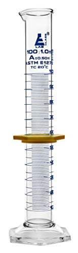 Measuring Cylinder, 100ml - ASTM, Class A Tolerance ±0.50ml - Protective Collar, Hexagonal Base - Blue Graduations - Borosilicate 3.3 Glass - Eisco Labs