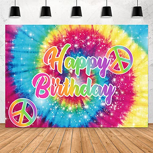 Aperturee 7x5ft Tie Dye Happy Birthday Backdrop 60's Hippie Groovy Sign Rainbow Photography Background Photo Booth Studio Party Decorations Cake Table Banner Supplies Props