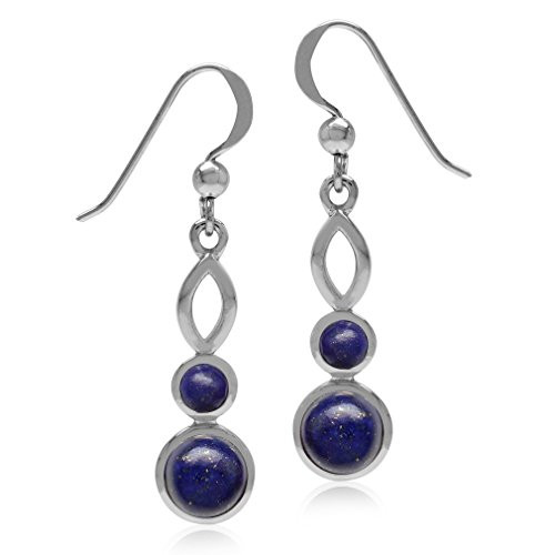 Silvershake Genuine Round Shape Lapis White Gold Plated 925 Sterling Silver Dangle Hook Earrings