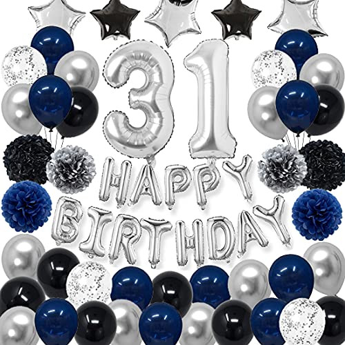 RBYOO 31st Blue Birthday Decorations for Men Boy Women Girl,Navy Blue Black Silver Happy Birthday Party Supplies with Pom Poms Flower Confetti Balloon 31 Foil Number Balloon and Happy Birthday Banner RBYOO 31st Blue Birthday Decorations for Men Boy Women Girl,Navy Blue Black Silver Happy Birthday Party Supplies with Pom Poms Flower Confetti Balloon 31 Foil Number Balloon and Happy Birthday Banner