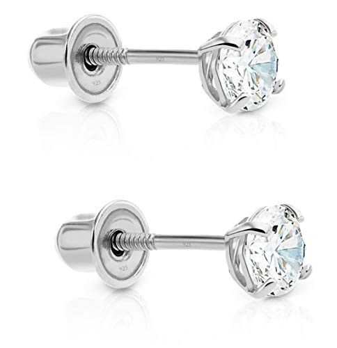 Sterling Silver Cubic Zirconia Solitaire CZ Stud Earrings with Screw Backs -2.5mm-