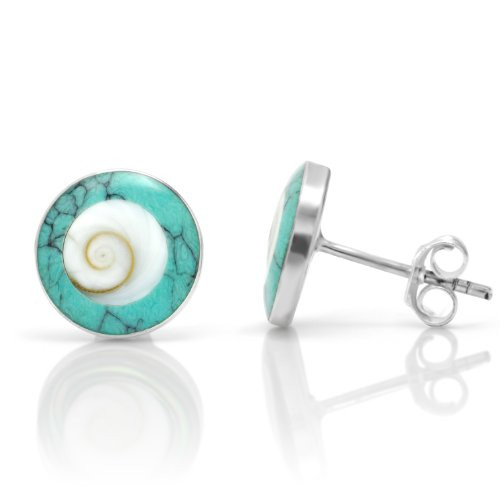925 Sterling Silver Natural Shiva Eye Shell Inlay Blue Turquoise Round 11 mm Stud Earrings 925 Sterling Silver Natural Shiva Eye Shell Inlay Blue Turquoise Round 11 mm Stud Earrings