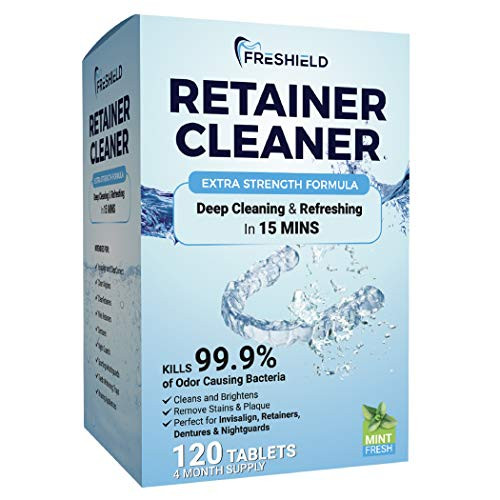 FRESHIELD Retainer  and  Denture Cleaner Tablets 120 pcs - Remove Stain Plaque Odor, Compatible with Invisalign, Dentures, Retainers, Mouth Guards, Teeth Straightener Aligner, Night Guards, Dental Guards