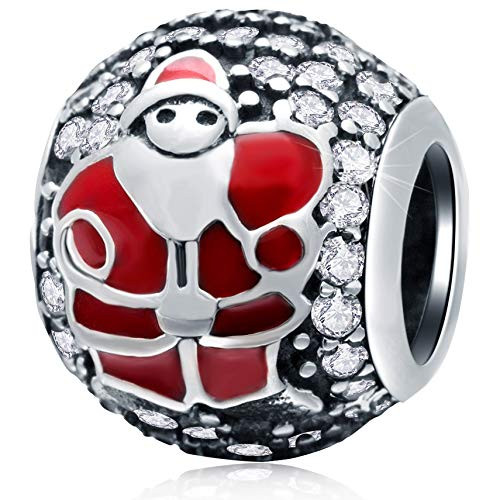Enamel Christmas Santa Claus Charms fits Pandora Style Bracelet, Antique 925 Sterling Silver Round Beads with CZ for Christmas Day Gift