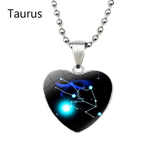 Maserfaliw Necklace, Women 12 Zodiac Constellations Sign Glass Heart Pendant Necklace Birthday Gift Taurus Maserfaliw Necklace, Women 12 Zodiac Constellations Sign Glass Heart Pendant Necklace Birthday Gift Taurus