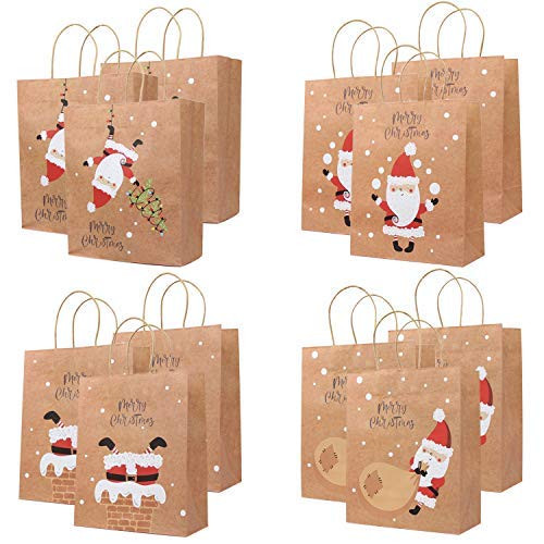 UNIQOOO 12Pcs Santa Claus Christmas Kraft Paper Gift Wrap Bags, Chimney Xmas Tree Ornament, For Thanksgiving Present Wrapping Stocking Stuffer, Holiday Party Favor Treat Goodie Bag, Recyclable 10 Inch