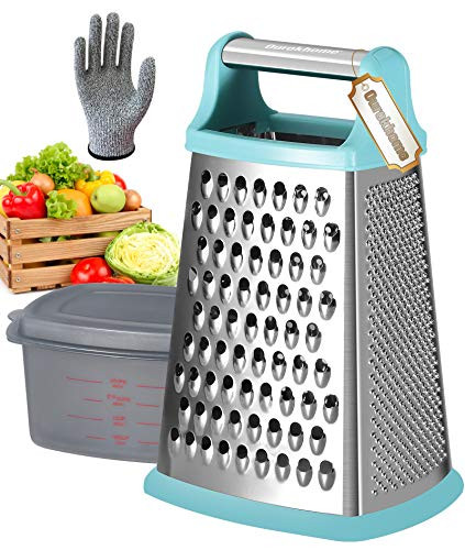 Ourokhome Stainless Steel Cheese Grater - 4 Sided 10 Inch Box Grater with a Container Box and Resistant Glove -Teal-