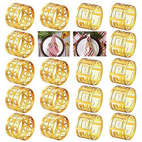 CEALXHENY Metal Napkin Rings, Round Napkin Serviette Holder Rings for Table Settings Decorative Gold Hallow Out Napkin Ring Set for Holiday Party Wedding Banquet Family Gather -C-18PCS Gold-