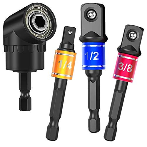Impact Grade Driver Sockets Adapt,Right Angle Drill Attachment,Impact Driver Socket Set,105 Degree Right Angle Screwdriver Set plus3Pcs 1/4 3/8 1/2" Hex Shank Drill Nut Driver Bit Set