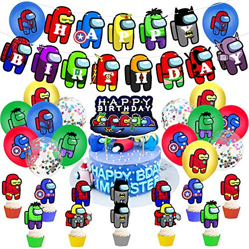 Among Us Birthday Decorations, Among Us Birthday Party Supplies Video Game Party Decorations Include Among Us Cake Topper, Happy Birthday Banner, Balloons Cupcake Toppers for Boys Kids Party Favors -Avengers Skin-