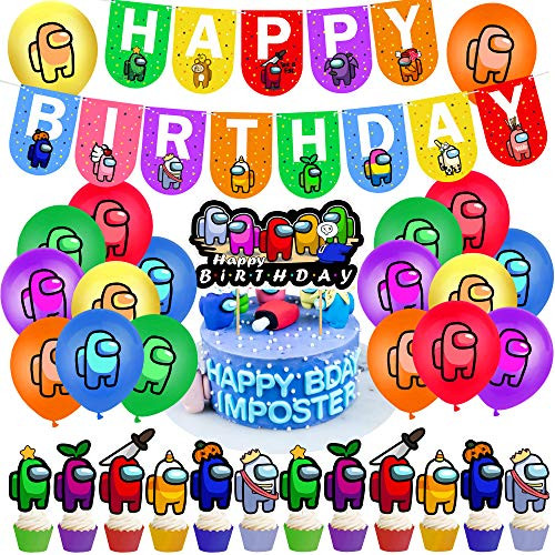 Among Us Birthday Decorations, Among Us Birthday Party Supplies Video Game Party Decorations Include Among Us Cake Topper, Happy Birthday Banner, Balloons Cupcake Toppers for Boys Kids Party Favors -Rainbow Skin-