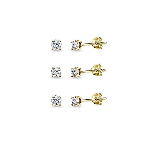 3-Pair Set Yellow Gold Flashed Sterling Silver Cubic Zirconia 4mm Round Stud Earrings