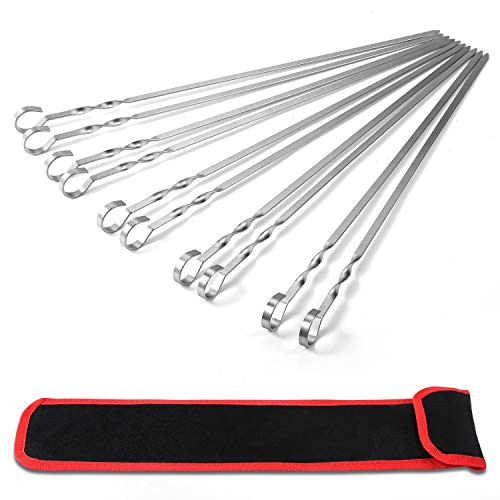 MVZAWINO 10 Pack Kabob Skewers Stainless Steel, Premium Long 17" Barbecue BBQ Skewers, Flat Metal Shish Kebab Skewers for Grilling, Reusable BBQ Sticks w/Handy Storage Bag