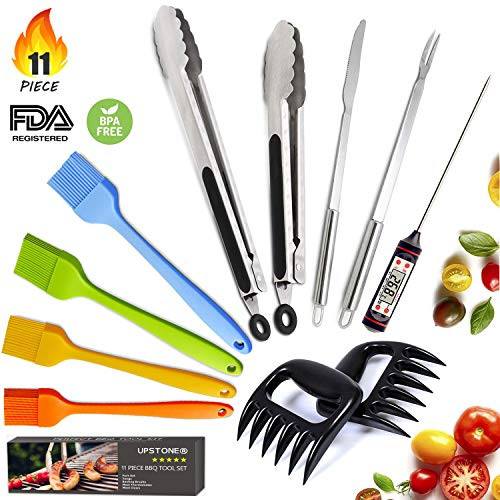 BBQ Grill Accessories Kit, 11-Piece BBQ Tool Set - Tongs(12"&9"), Basting Brush, Digital Thermometer, Meat Claws, Fork & Knife for BBQ Grilling Barbecue Baking Kitchen Cooking - Best BBQ Gift Set