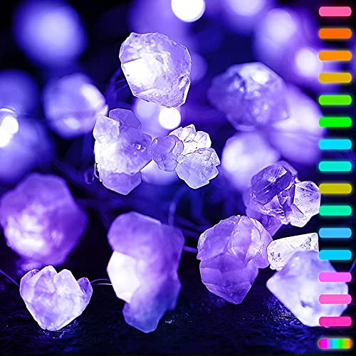 Amethyst String Lights, RGB 16 Colors Natural Raw Stones Fluorite Battery  and  USB Operated Fairy Lights, 13ft 40 LEDs Remote Control Decorative Lights for Party Indoor Outdoor Wedding Bedroom Christmas