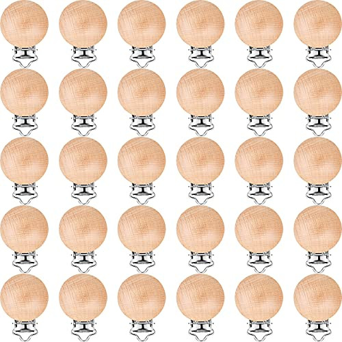 30 Pieces Natural Beech Wood Pacifier Clips Teething Grasping Toy Suspender Clips Wood Pacifier Clip Holder Charm DIY Pacifier Clips
