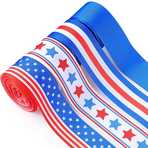 4 Rolls Patriotic Ribbons Stars and Stripes Ribbons 4th of July Grosgrain Ribbon American Flag Ribbons for Independence Day Memorial Day Veteran's Day Wrapping Crafts -1.5 Inch Wide-