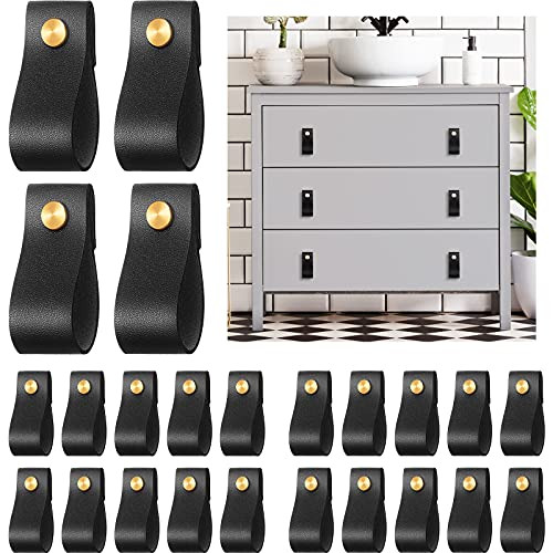 24 Pieces PVC Leather Drawer Pulls Handmade PVC Leather Cabinet Pulls Cabinet Furniture Knobs Pull Handle Wardrobe Door Handle Pulls Knob for Dresser Drawers Cabinet -Black-